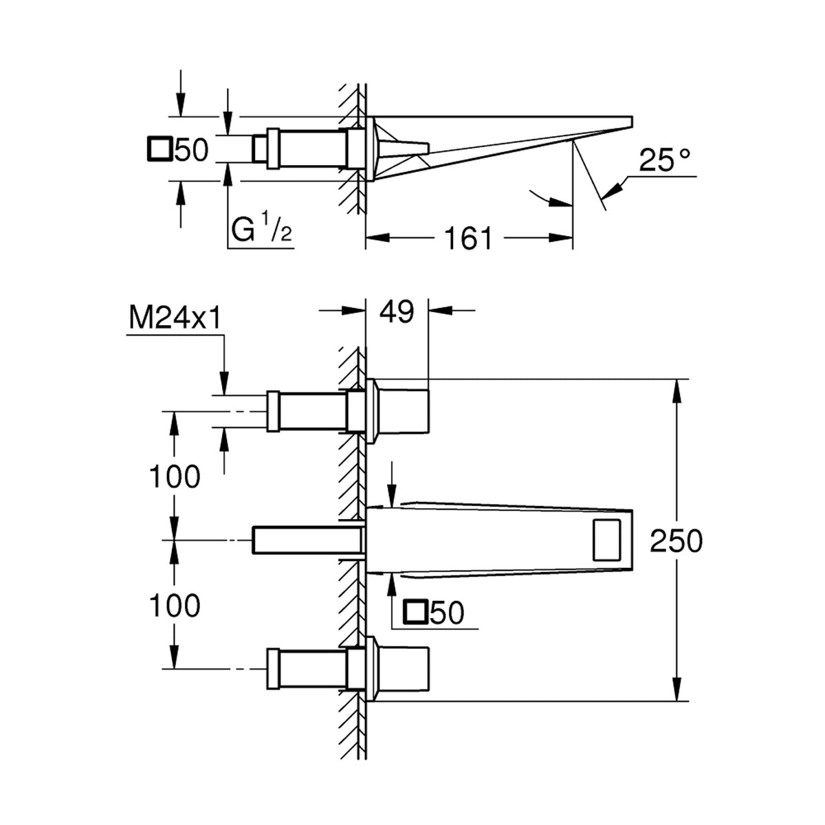 Grohe Allure Brilliant M-Boy, 3 Delikli Duvardan Ankastre Lavabo Bataryası (Sıva Üstü Grubu), Fırçalı Sert Grafit - Teknik Çizim