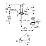 Grohe Cubeo Lavabo Bataryası, Mat Siyah, S-Boy (Sifon Kumandalı) - Teknik Çizim