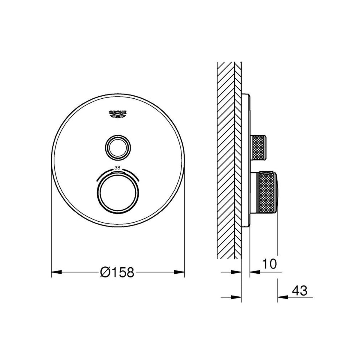 Grohe Grohtherm SmartControl Ankastre Termostatik Duş Bataryası (Sıva Üstü Grubu), Sert Grafit - Teknik Çizim