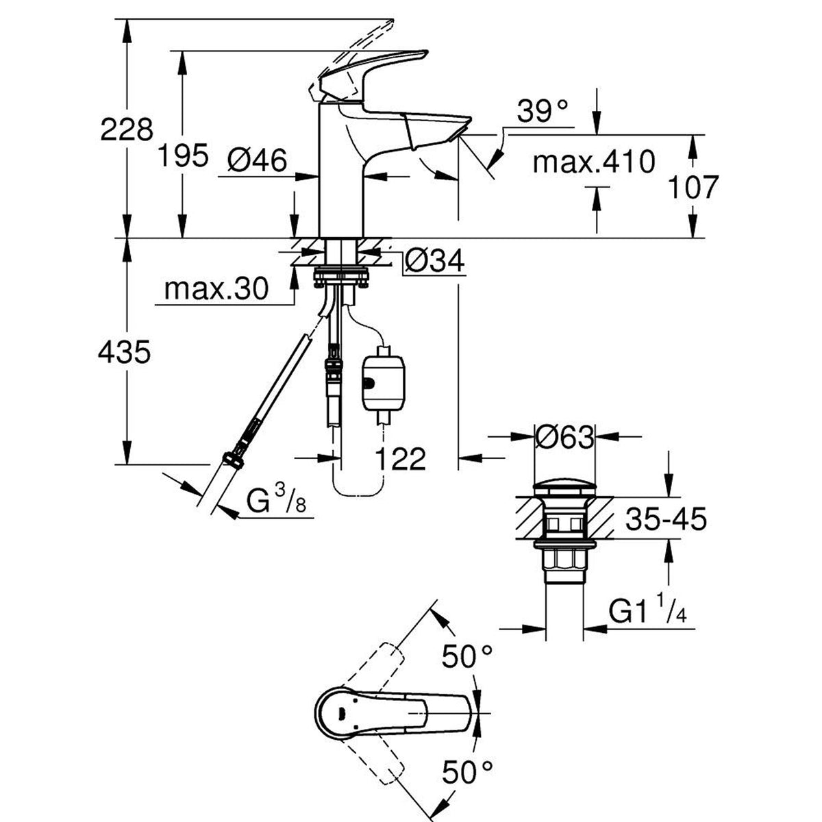 Grohe Eurosmart Spiralli Lavabo Bataryası (M-Boy) - Teknik Çizim