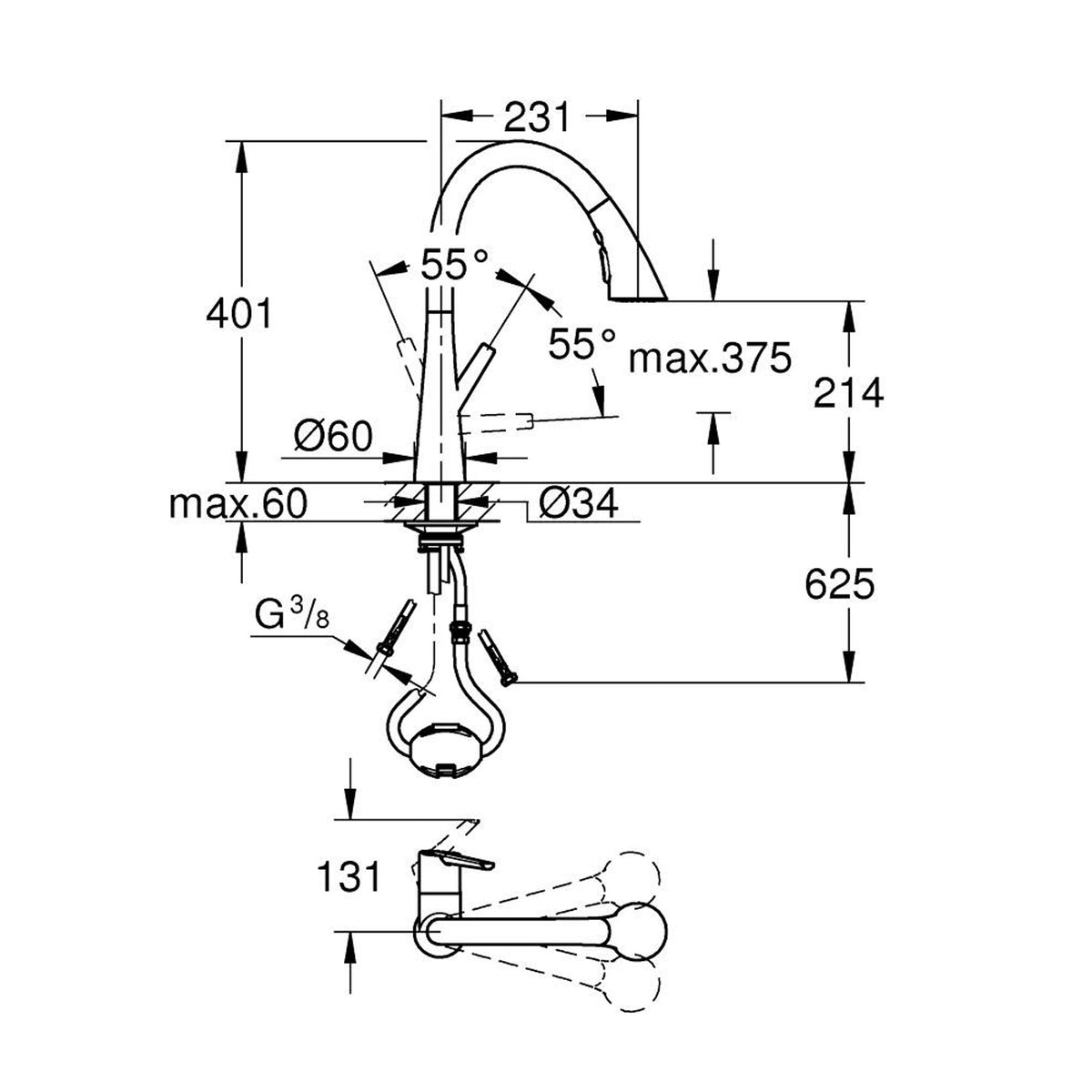 Grohe Zedra Spiralli Eviye Bataryası, Paslanmaz Çelik - Teknik Çizim