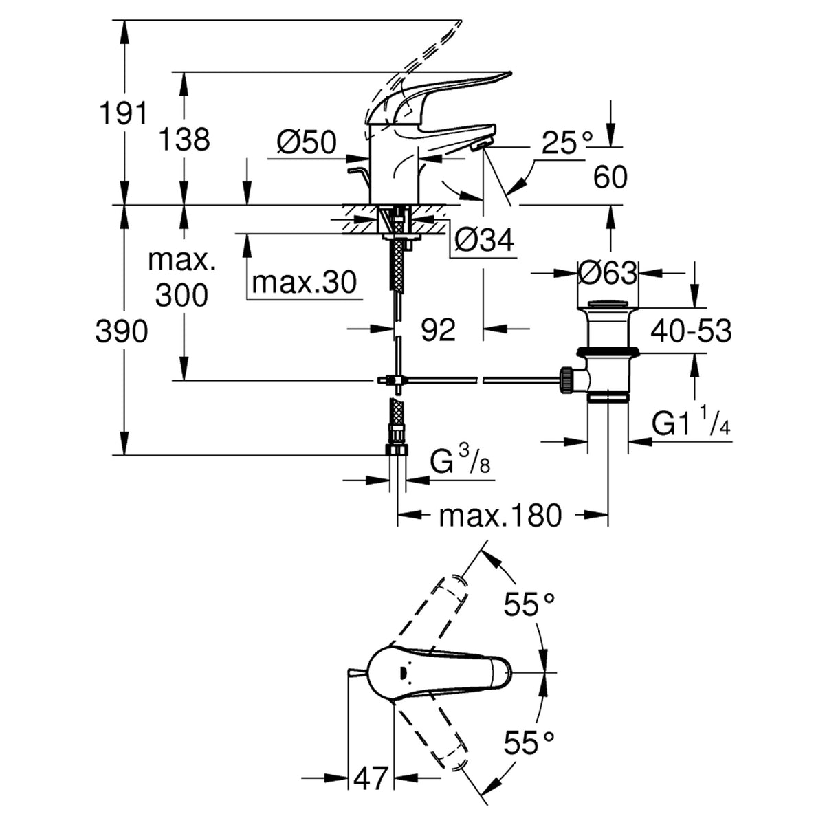 Grohe Euroeco Special Uzun Kumanda Kollu Lavabo Bataryası, Sifon Kumandalı - Teknik Çizim