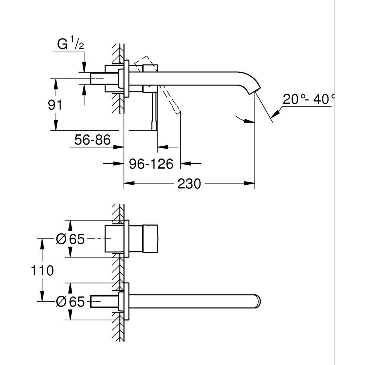 Grohe Essence Duvardan Ankastre Lavabo Bataryası L-Boyut (Sıva Üstü Grubu), Bakır - Teknik Çizim