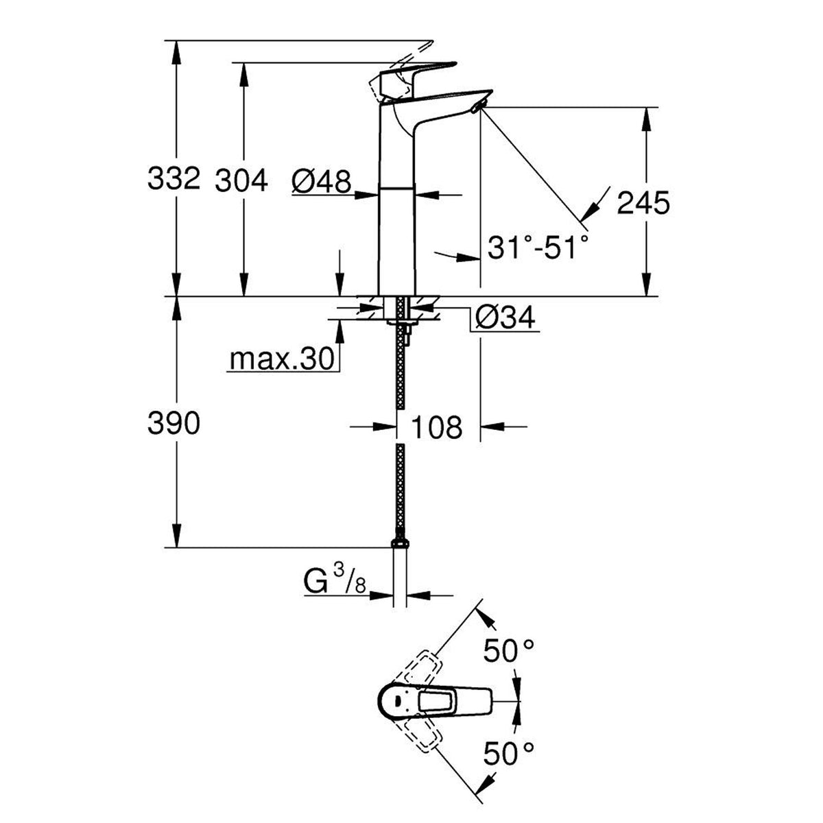 Grohe BauLoop Tezgah Üstü Lavabo Bataryası (XL-Boy) - Teknik Çizim