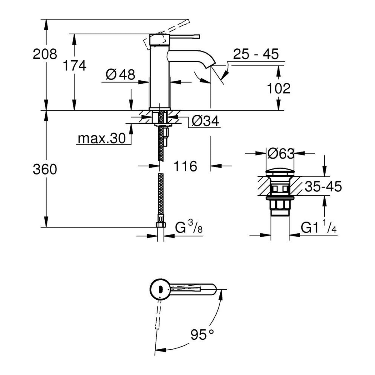 Grohe Essence Lavabo Bataryası (S-Boy) Krom - Teknik Çizim