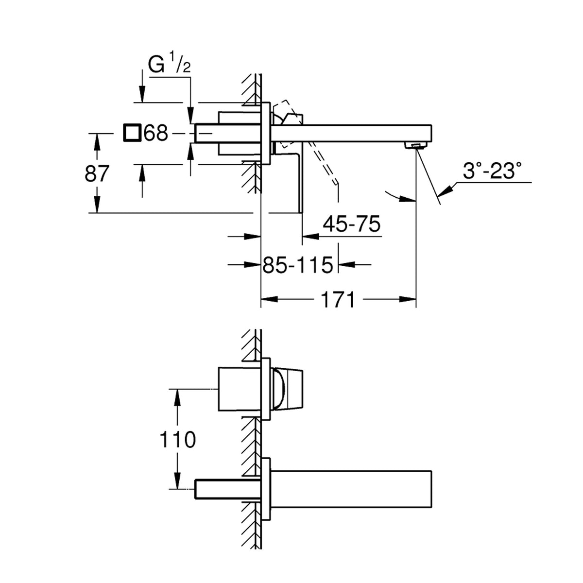 Grohe Eurocube Ankastre Lavabo Bataryası M-Boy (Sıva Üstü Grubu), Fırçalı Sert Grafit - Teknik Çizim