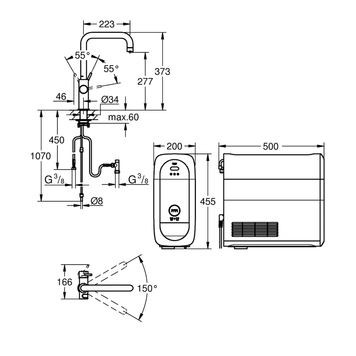 Grohe Blue Home Arıtmalı İçme Suyu ve Soda Yapan Eviye Bataryası - Teknik Çizim