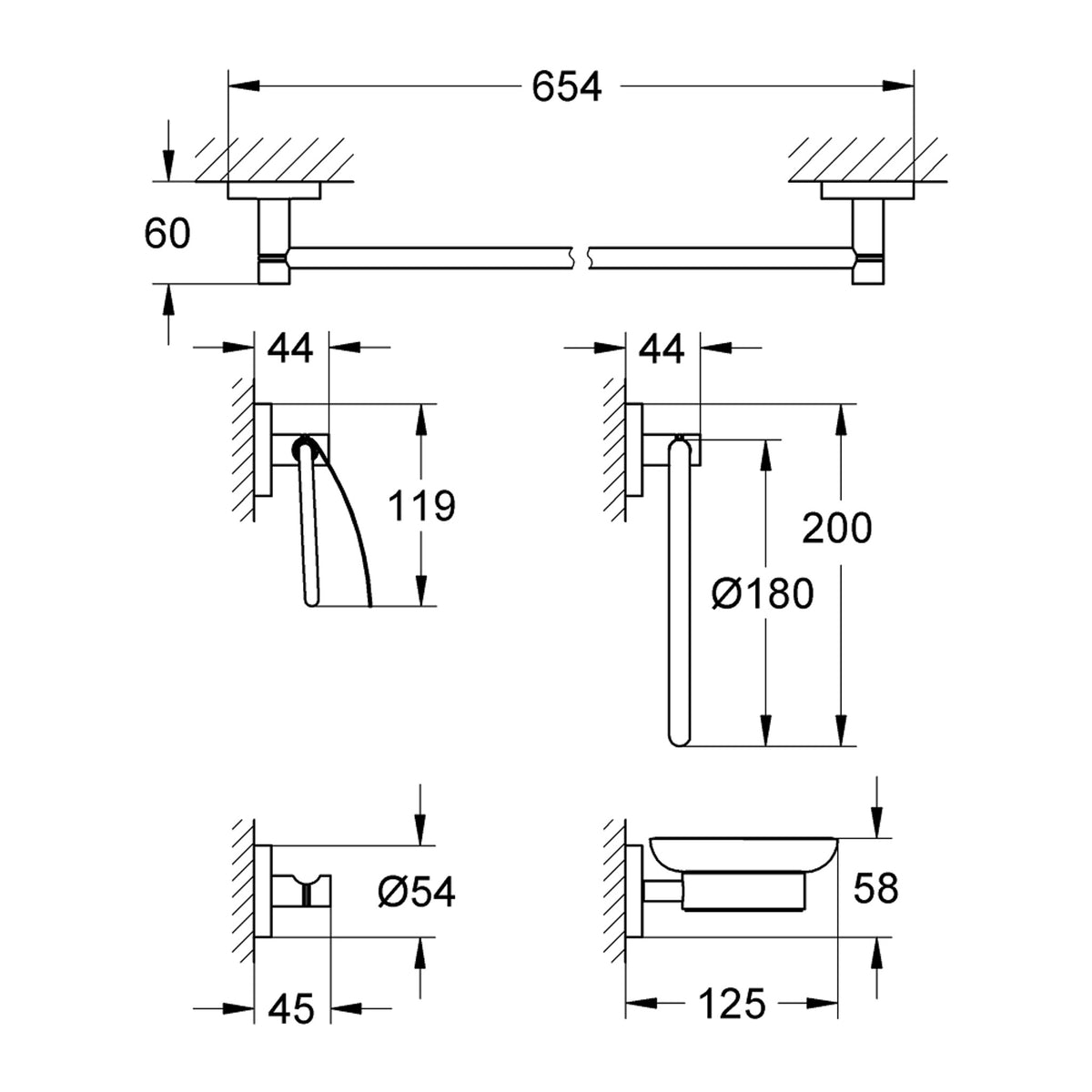 Grohe Essentials Beşli Banyo Aksesuar Seti - Teknik Çizim