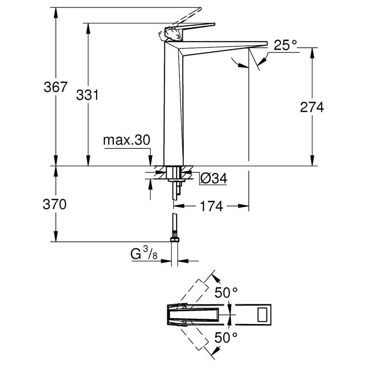 Grohe Allure Brilliant Private Collection XL-Boy Tezgah Üstü Lavabo Bataryası, Fırçalı Sert Grafit - Teknik Çizim