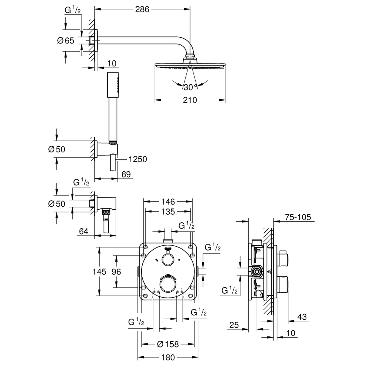 Grohe Grohtherm Perfect Ankastre Termostatik Banyo/Duş Bataryası, Tepe ve El Duşu Seti - Teknik Çizim