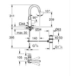 Grohe Cubeo Yüksek Lavabo Bataryası, L-Boy (Döner Borulu) - Teknik Çizim