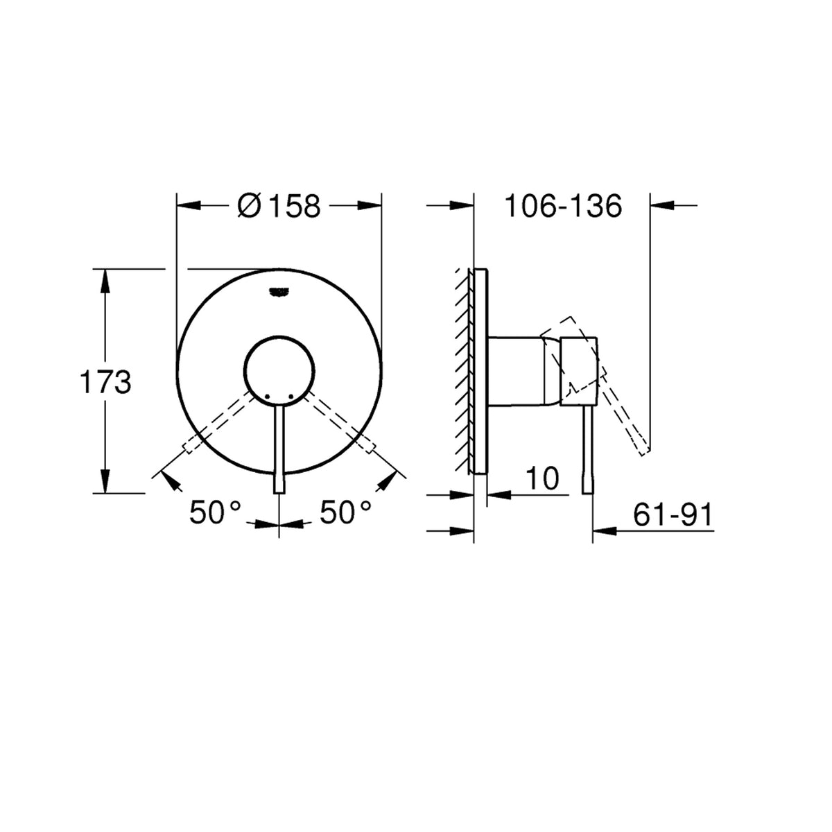 Grohe Essence Ankastre Duş Bataryası (Sıva Üstü Grubu), Hayalet Siyah - Teknik Çizim