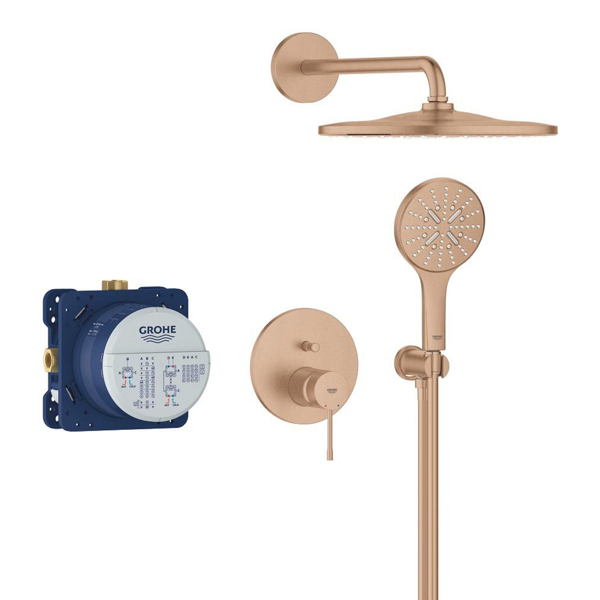 Grohe Essence Ankastre Banyo/Duş Bataryası, Tepe ve El Duşu Seti, Fırçalı Bakır - Ürün Görseli