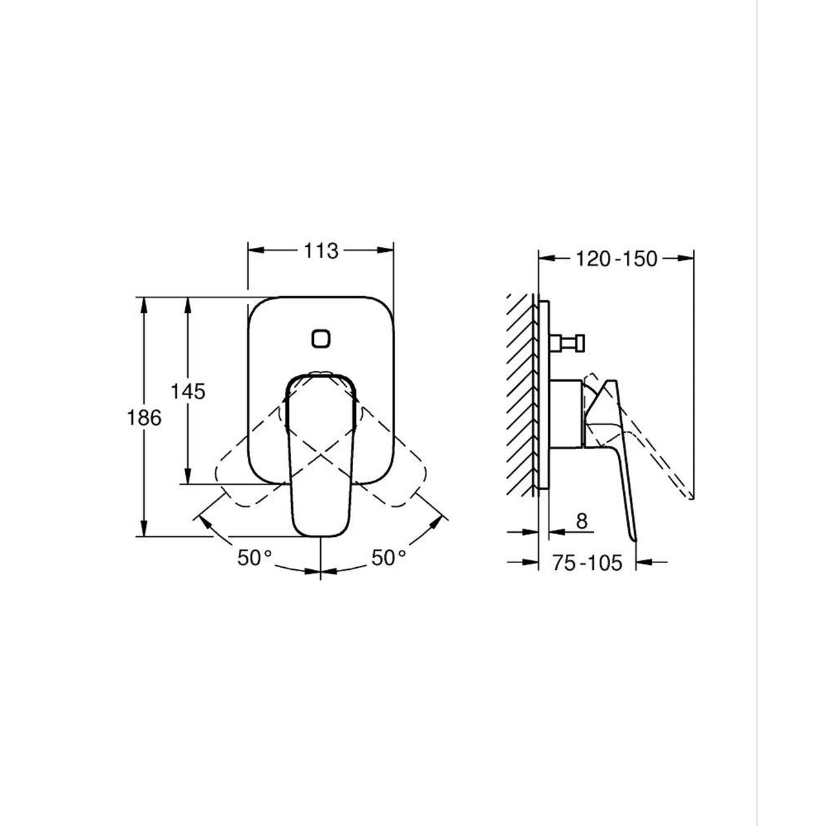 Grohe Cubeo Ankastre Banyo Bataryası - Teknik Çizim