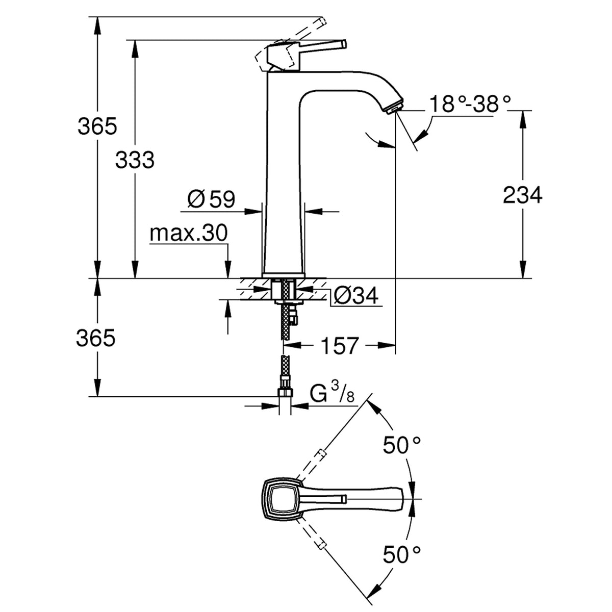 Grohe Grandera Tezgah Üstü Lavabo Bataryası, Krom-Altın - Teknik Çizim