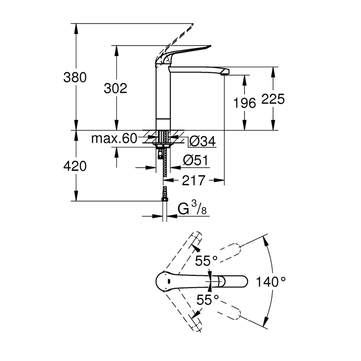 Grohe Euroeco Doktor/Bedensel Engelli Yüksek Lavabo Bataryası - Teknik Çizim