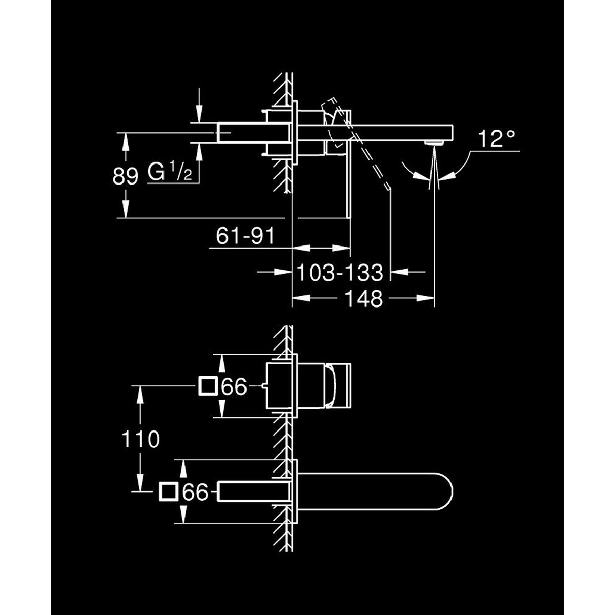 Grohe Plus Ankastre Lavabo Bataryası, (Sıva Üstü Grubu) M-Boy - Teknik Çizim