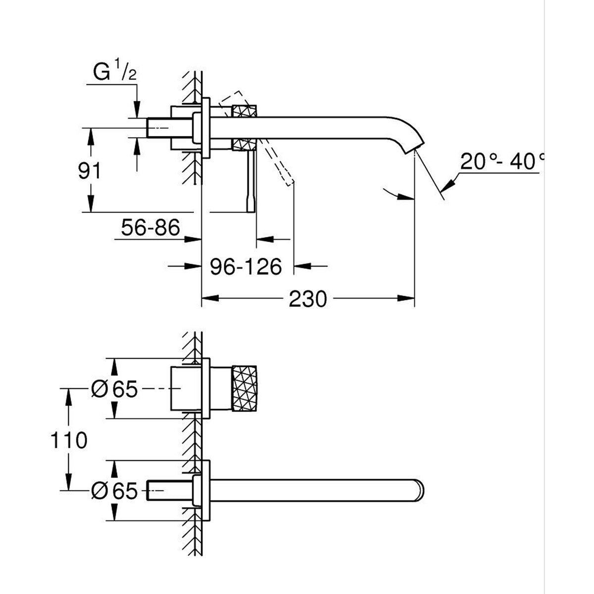 Grohe Essence Duvardan Ankastre Lavabo Bataryası L-Boyut (Sıva Üstü Grubu), İşlenmiş Fırçalı Altın - Teknik Çizim