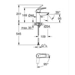 Grohe Eurosmart Lavabo Bataryası, S-Boy, Mat Siyah - Teknik Çizim