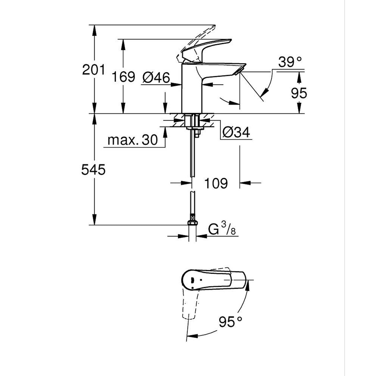 Grohe Eurosmart Lavabo Bataryası, S-Boy, Mat Siyah - Teknik Çizim
