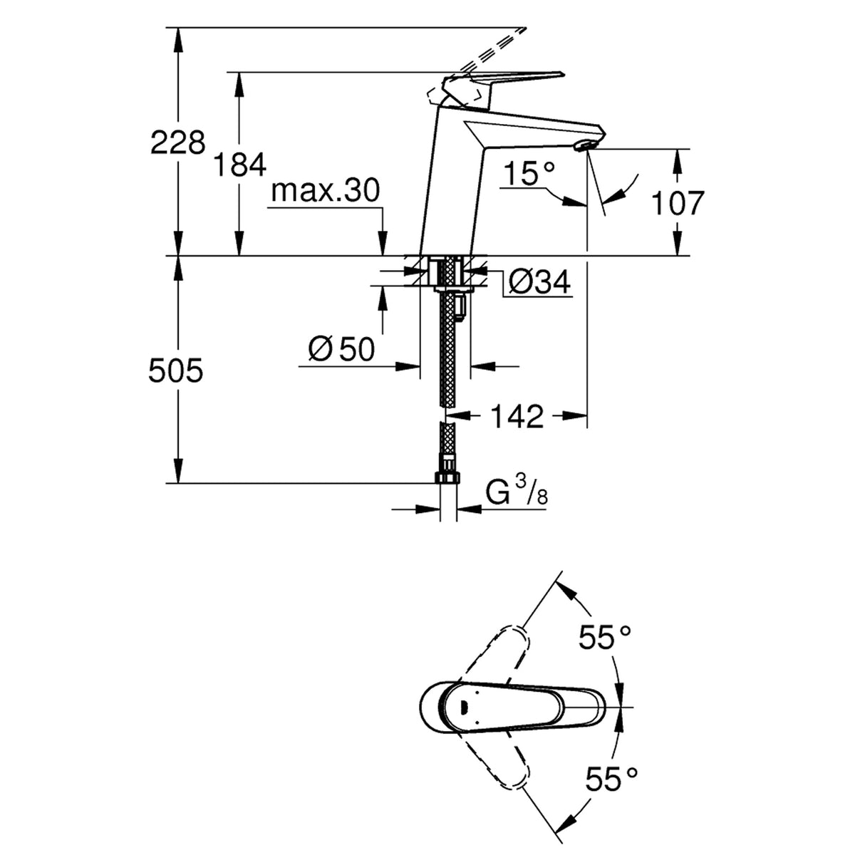 Grohe Eurodisc Cosmopolitan Lavabo Bataryası - Teknik Çizim
