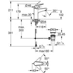 Grohe Euroeco Lavabo Bataryası, Sifon Kumandalı, M-Boy - Teknik Çizim