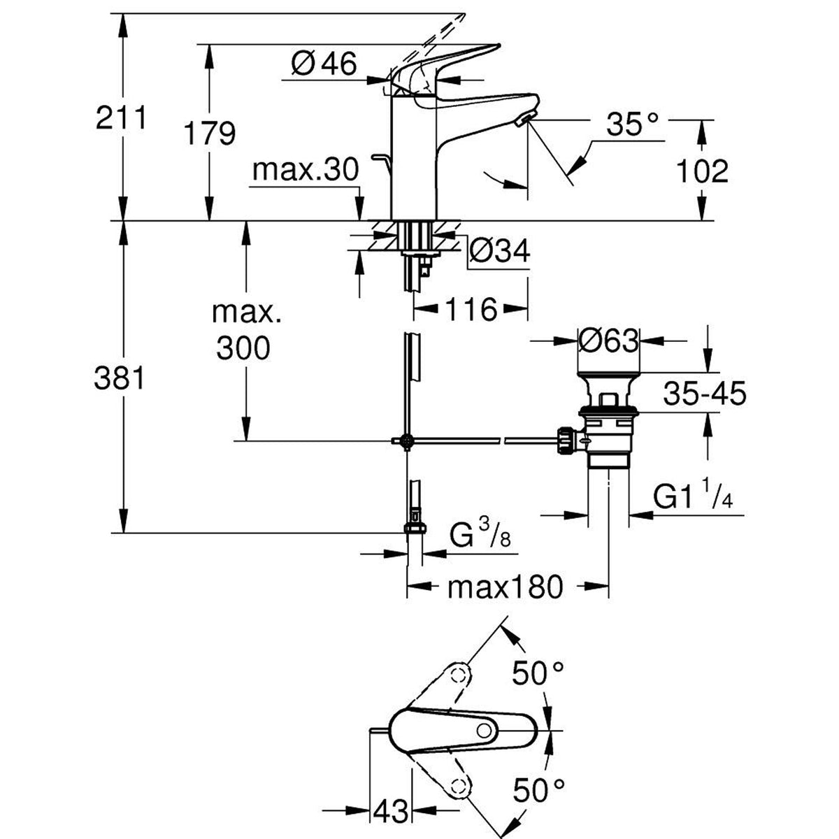 Grohe Euroeco Lavabo Bataryası, Sifon Kumandalı, M-Boy - Teknik Çizim