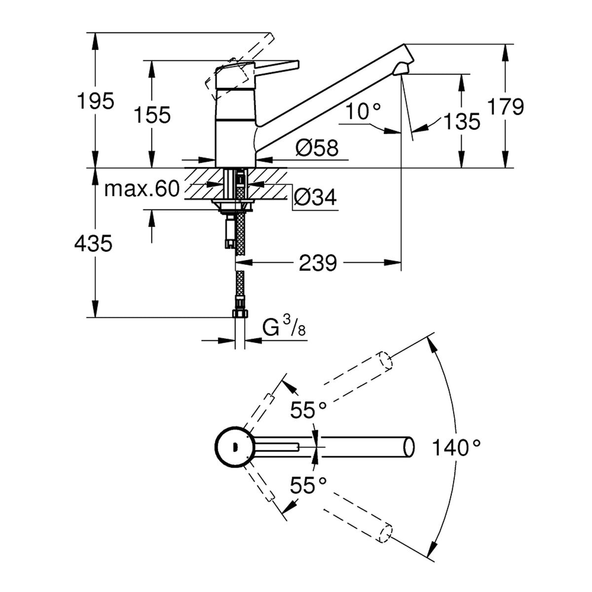 Grohe Concetto Eviye Bataryası - Teknik Çizim