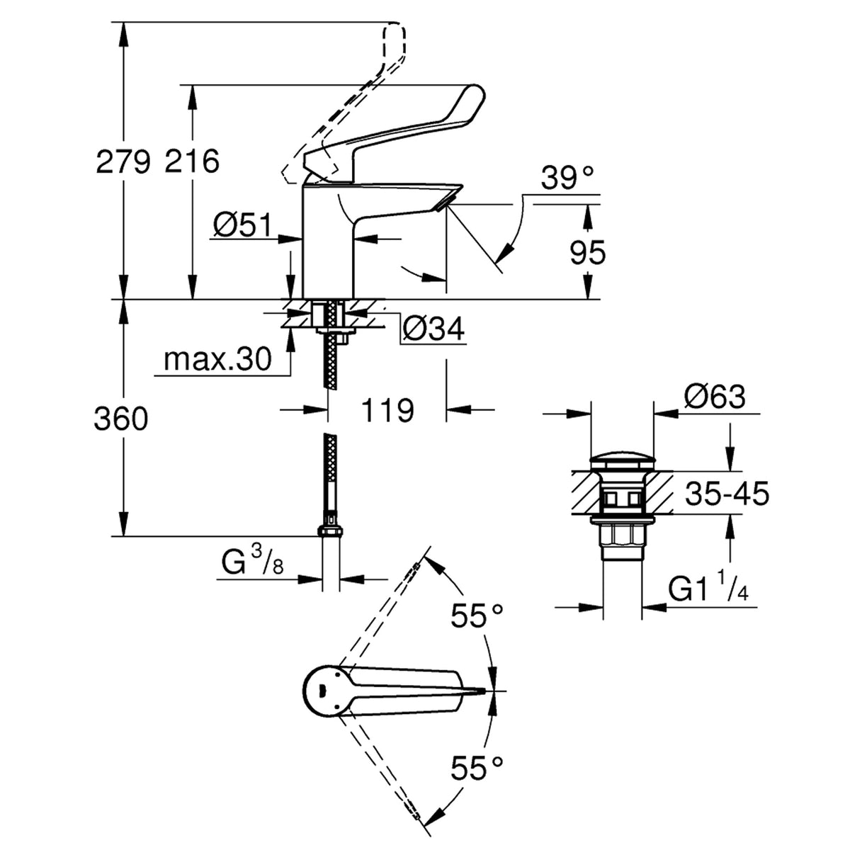Grohe Eurosmart Doktor/Bedensel Engelli Lavabo Bataryası (S-Boy) - Teknik Çizim