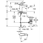 Grohe Euroeco Lavabo Bataryası, Sifon Kumandalı, M-Boy - Teknik Çizim