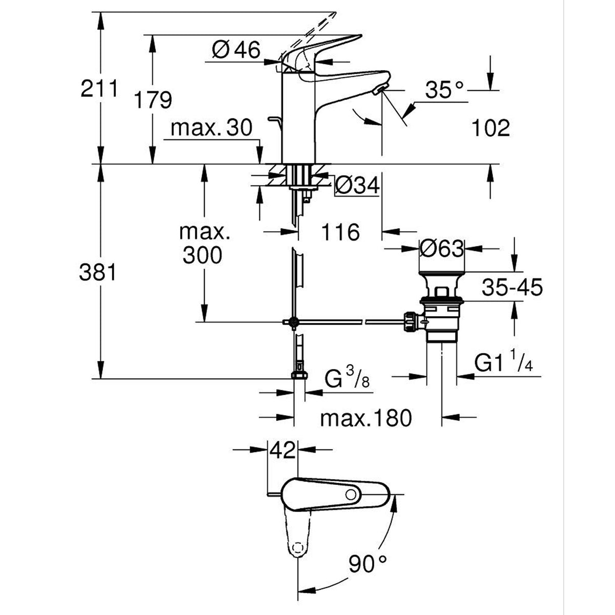 Grohe Euroeco Lavabo Bataryası, Sifon Kumandalı, M-Boy - Teknik Çizim