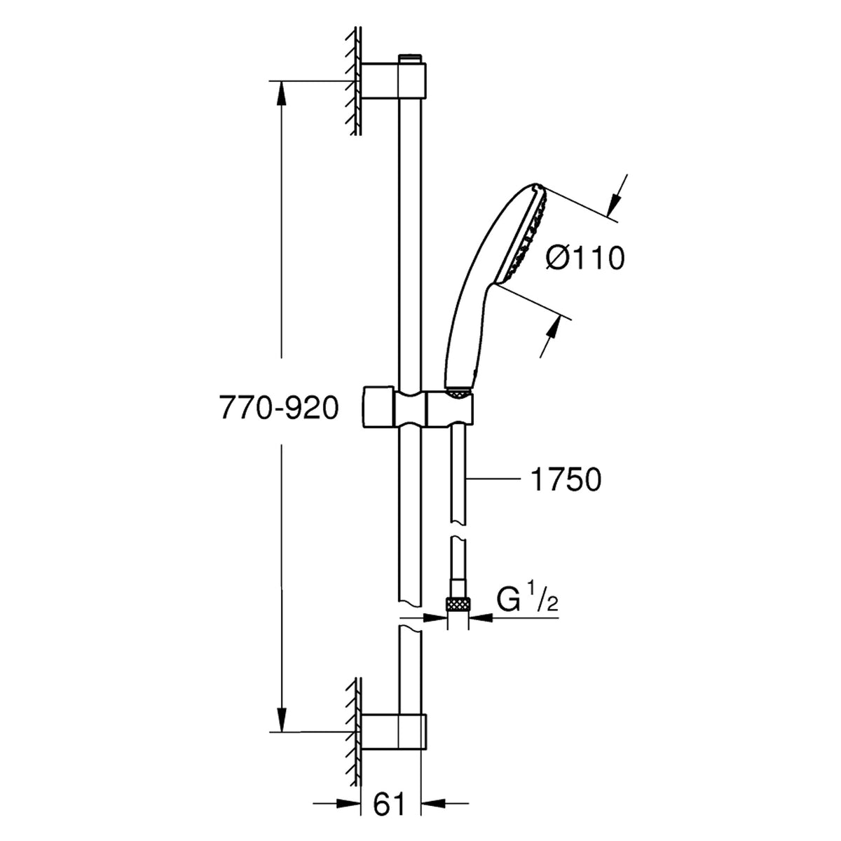 Grohe Tempesta 110 Sürgülü Duş Seti, 1 Akışlı - Teknik Çizim