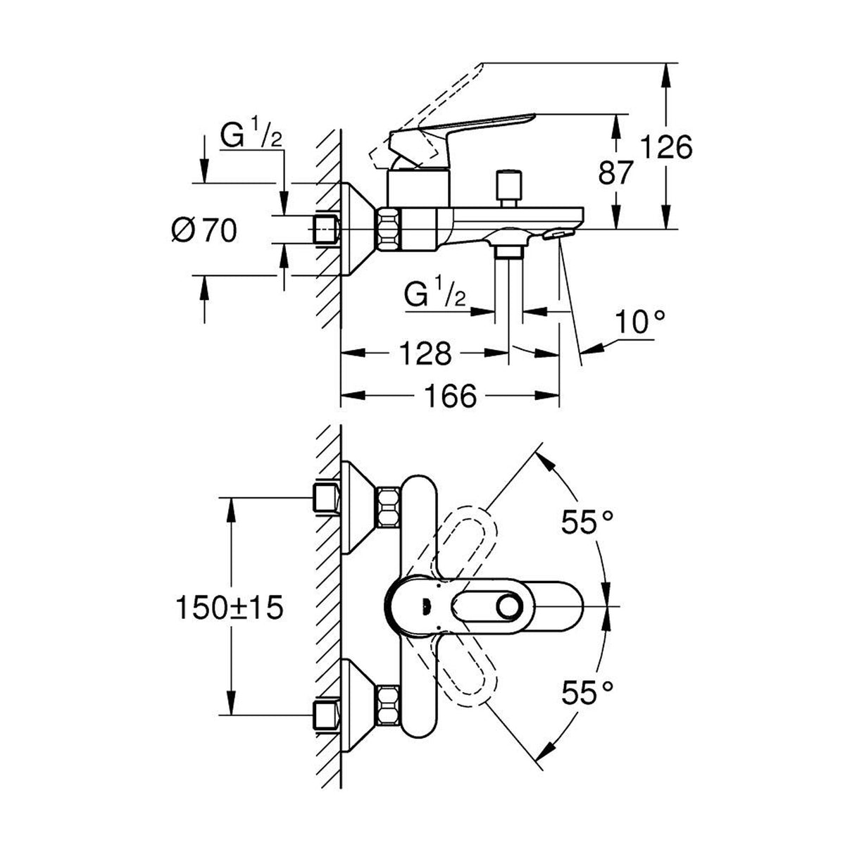 Grohe BauLoop Banyo Bataryası - Teknik Çizim