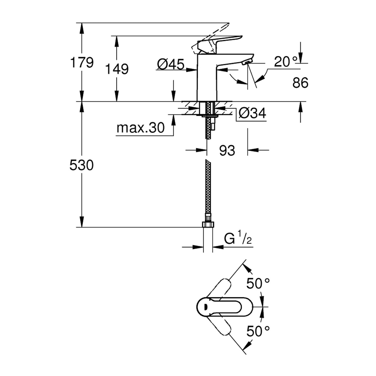 Grohe BauEdge Lavabo Bataryası, S-Boy - Teknik Çizim