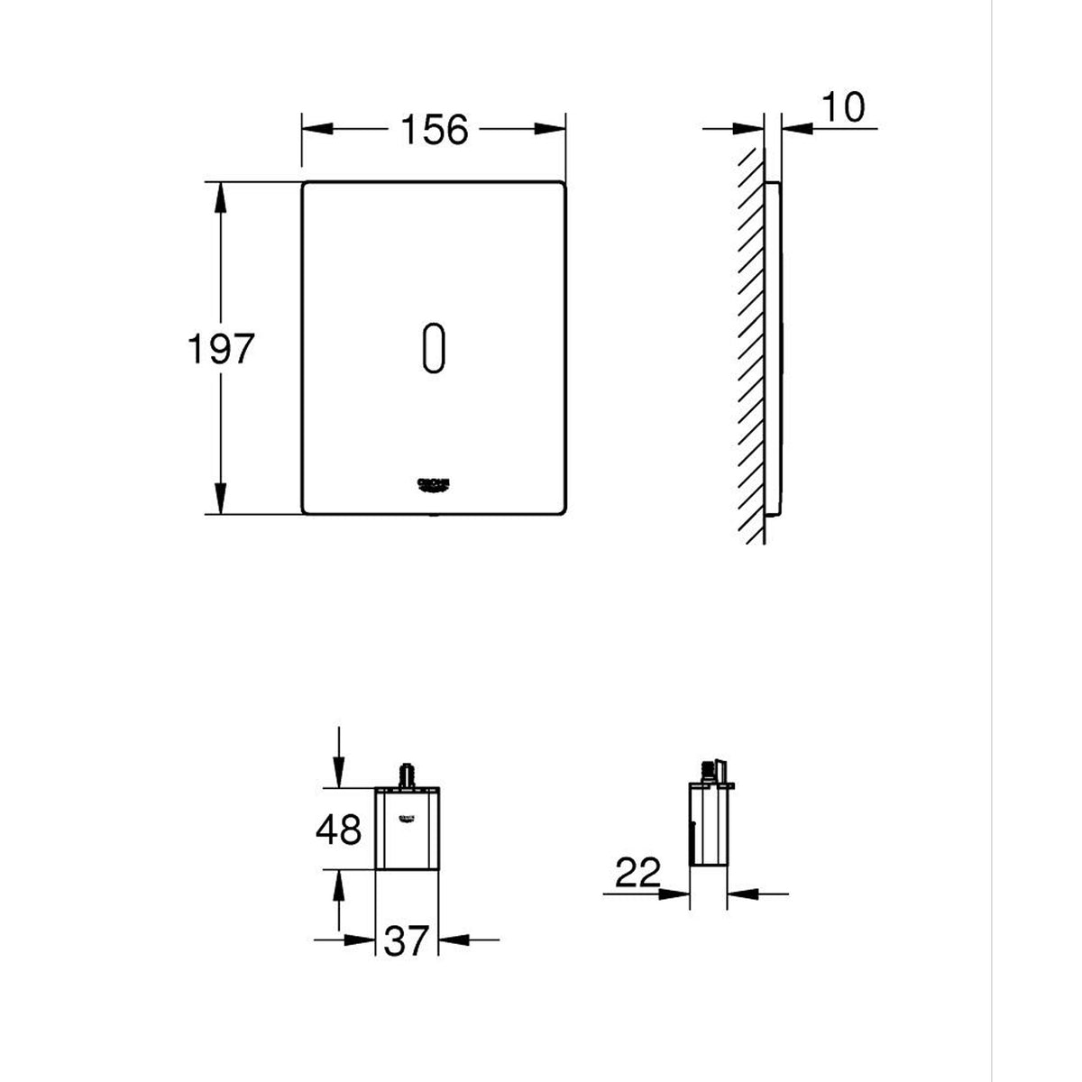 Grohe Tectron Bau E Fotoselli Gömme Rezervuar Kumanda Paneli (Sıva Üstü Grubu, Pilli), Hayalet Siyah - Teknik Çizim