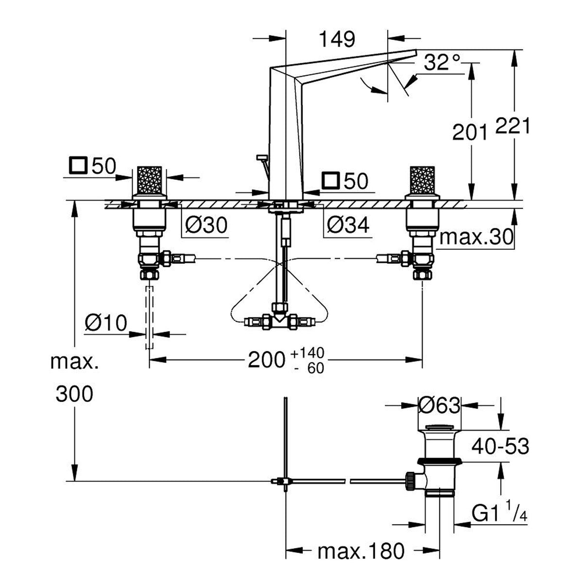 Grohe Allure Brilliant Private Collection L-Boy, 3 Delikli Lavabodan Ankastre Lavabo Bataryası, Sifon Kumandalı, Fırçalı Sert Grafit - Teknik Çizim