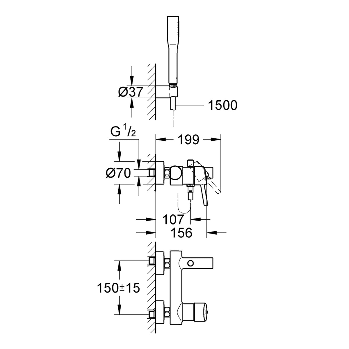 Grohe Concetto Banyo Bataryası ve El Duşu Takımı - Teknik Çizim