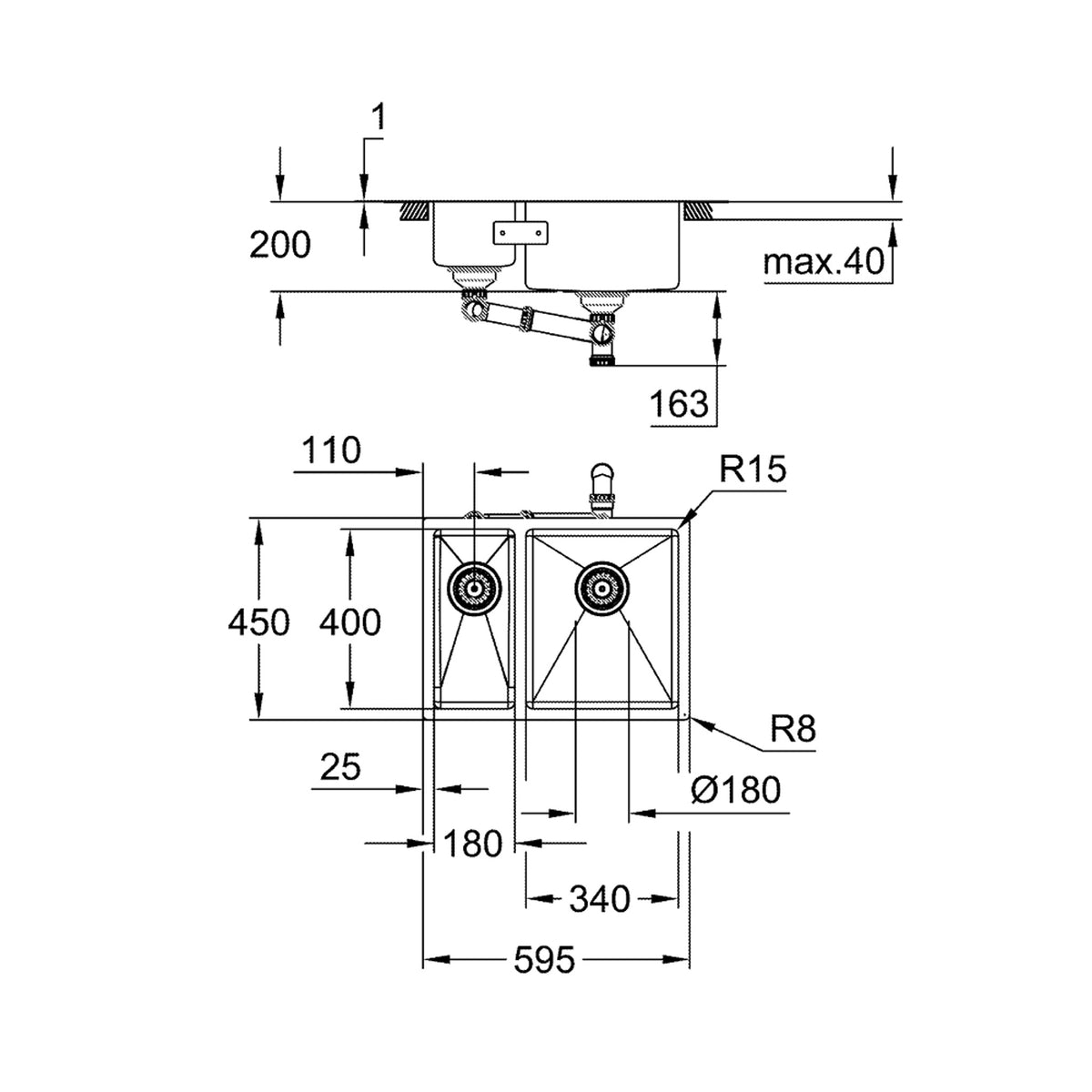 Grohe K700U 1,5 Gözlü Eviye, Paslanmaz Çelik (60x45 cm - Sağ Hazneli) - Teknik Çizim