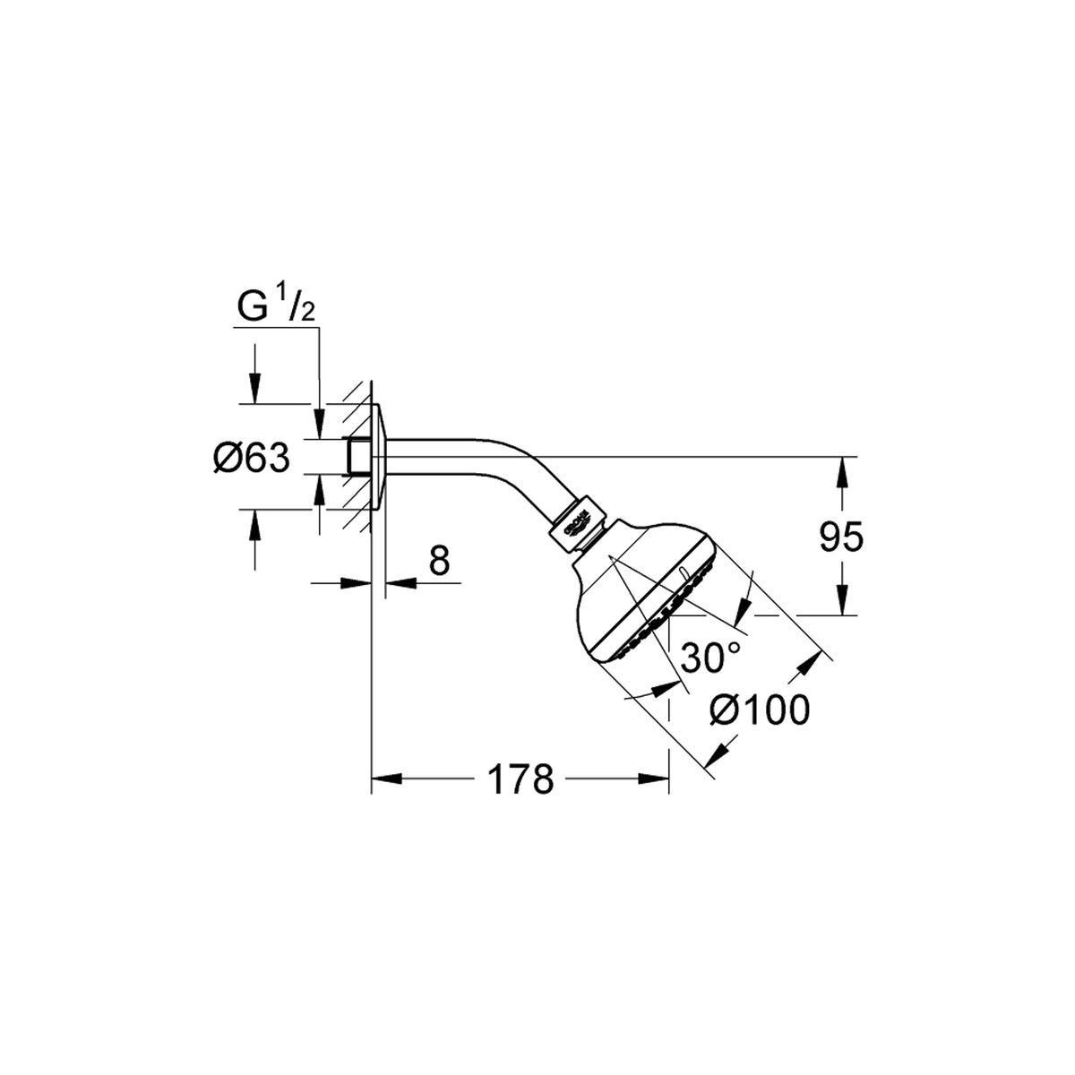 Grohe Tempesta 100 Tepe Duşu Seti, 3 Akışlı - Teknik Çizim