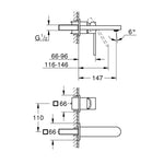 Grohe Plus Ankastre Lavabo Bataryası, (Sıva Üstü Grubu) M-Boy, Fırçalı Sert Grafit - Teknik Çizim