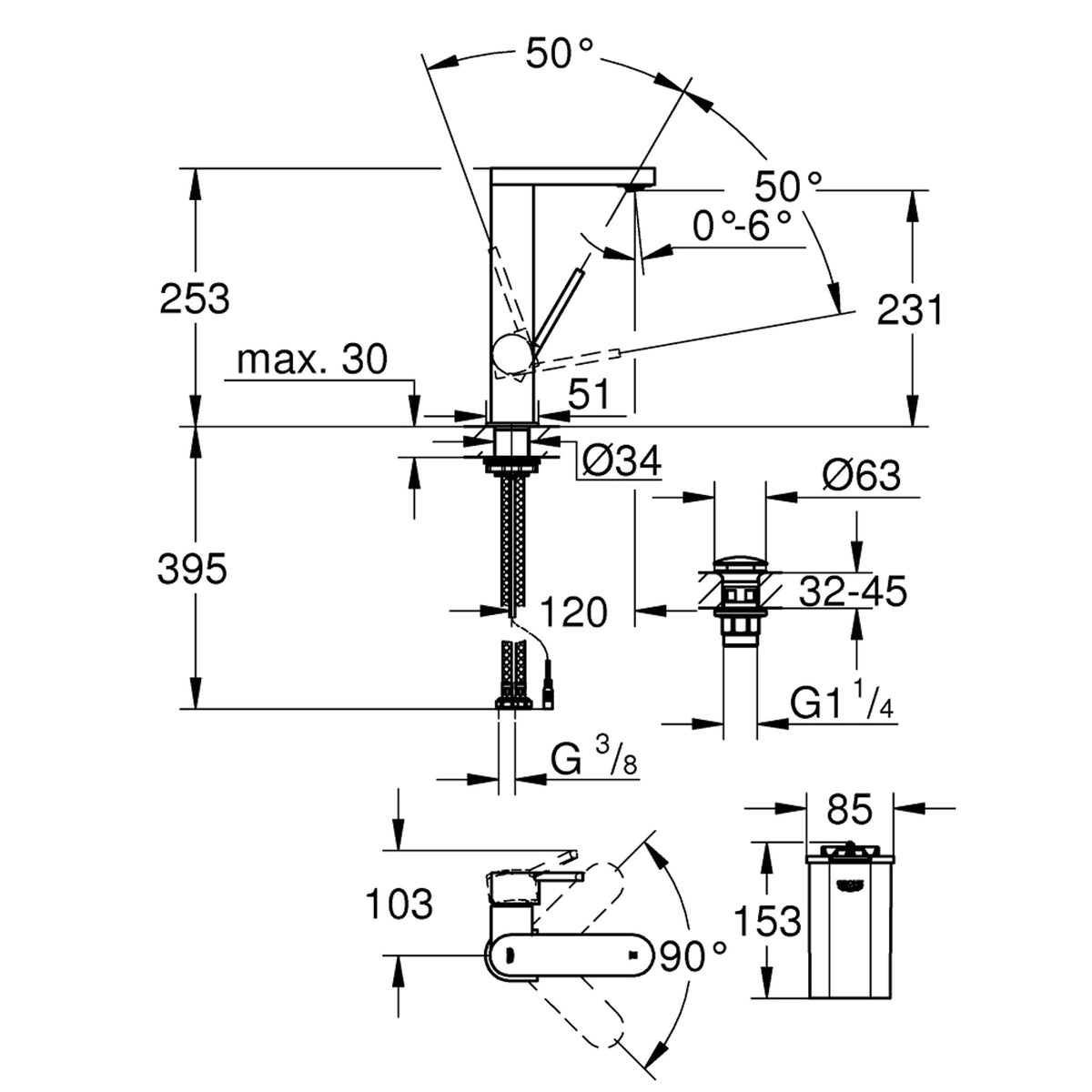 Grohe Plus Yüksek Lavabo Bataryası, Led Göstergeli (L-Boy) - Teknik Çizim