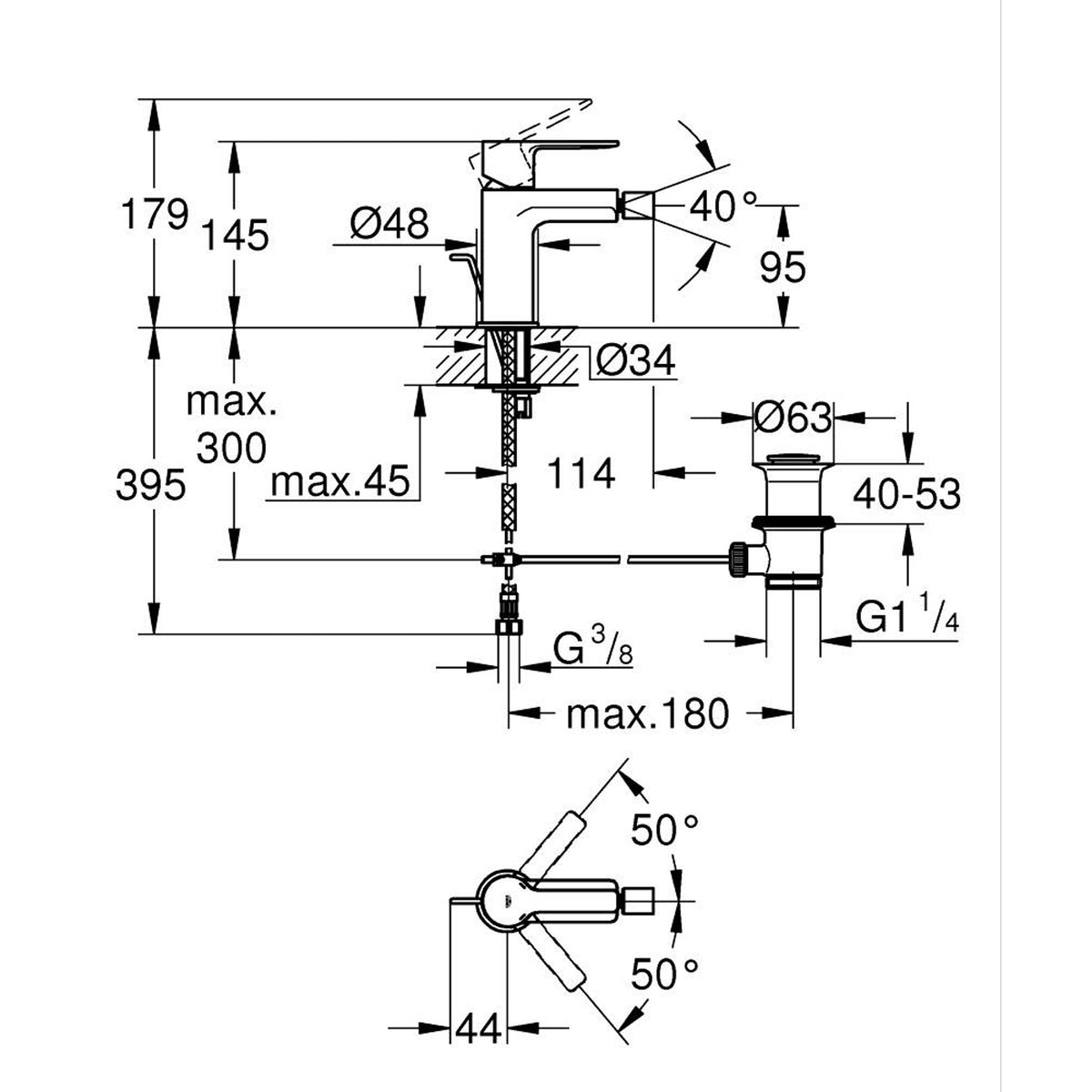 Grohe Lineare Sifon Kumandalı Bide Bataryası, Paslanmaz Çelik - Teknik Çizim