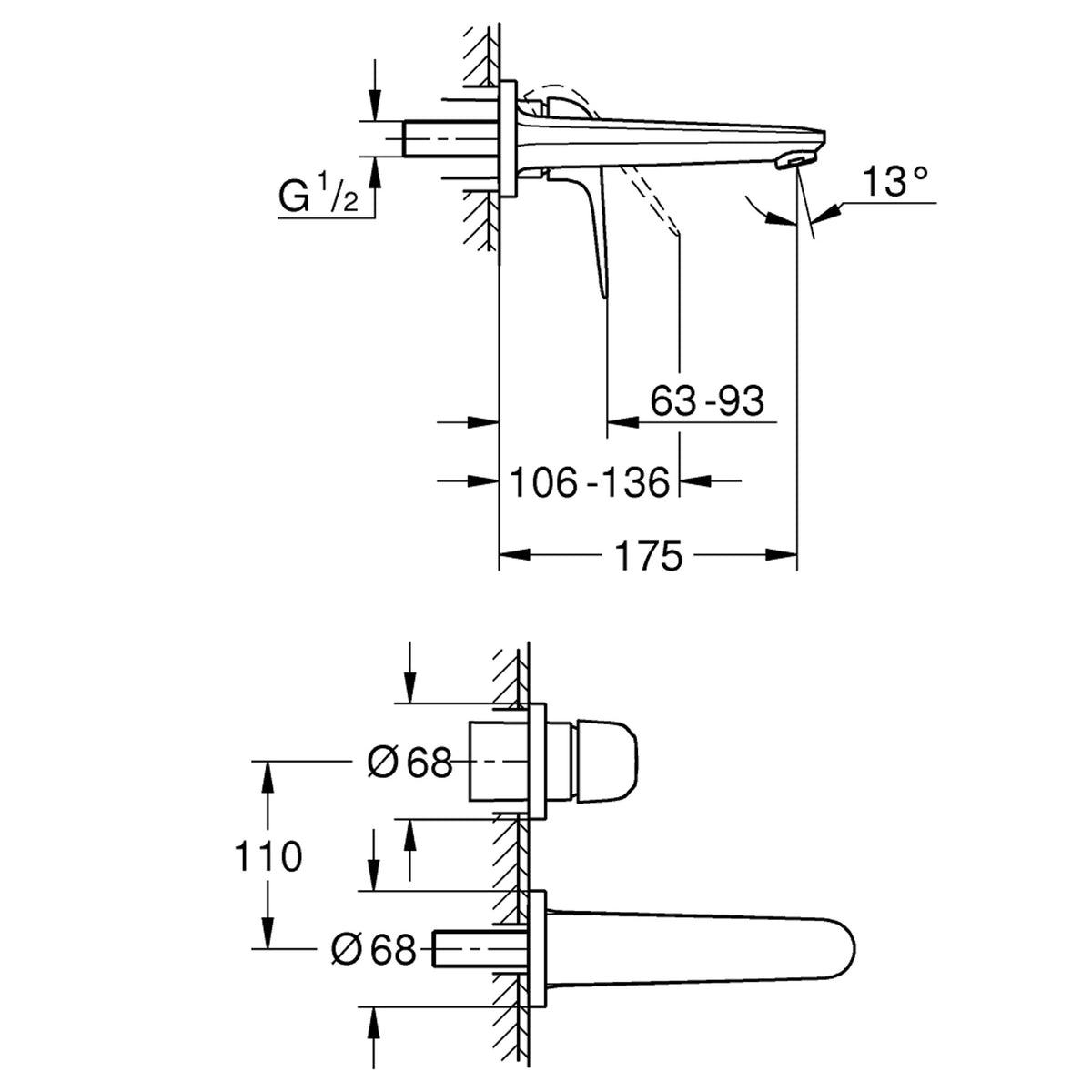 Grohe Euroeco İki Delikli Ankastre Lavabo Bataryası (Sıva Üstü Grubu) - Teknik Çizim
