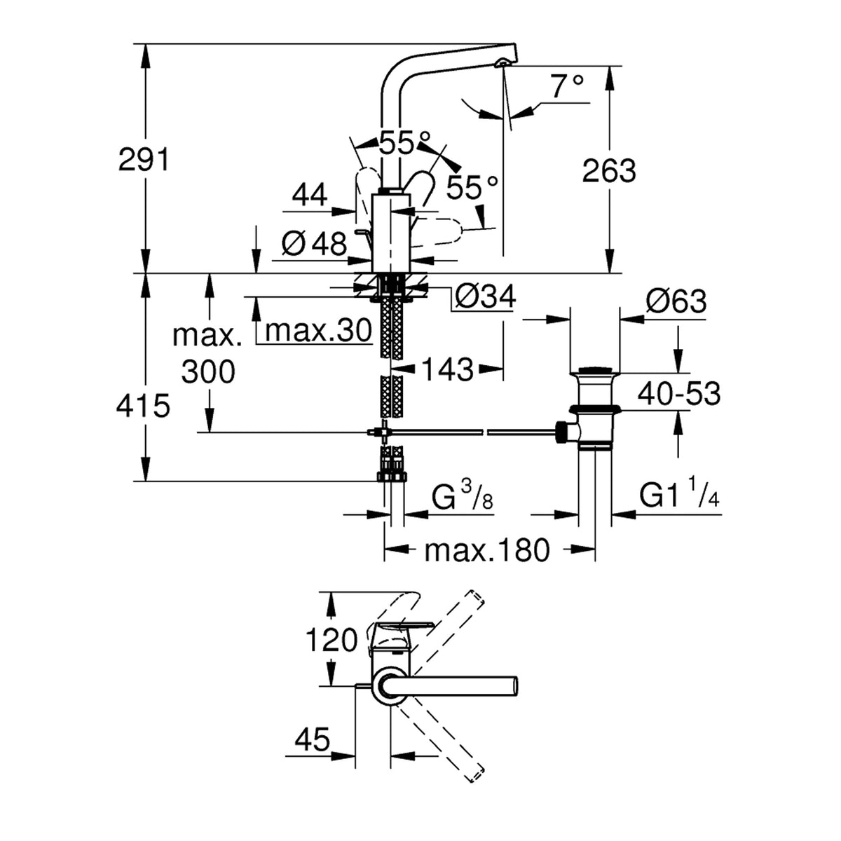 Grohe Eurodisc Cosmopolitan Eviye Bataryası, Sifon Kumandalı - Teknik Çizim
