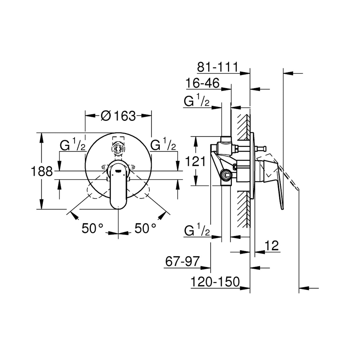 Grohe Eurosmart Cosmopolitan Ankastre Banyo/Duş Bataryası (Sıva Altı Grubu Dahil) - Teknik Çizim