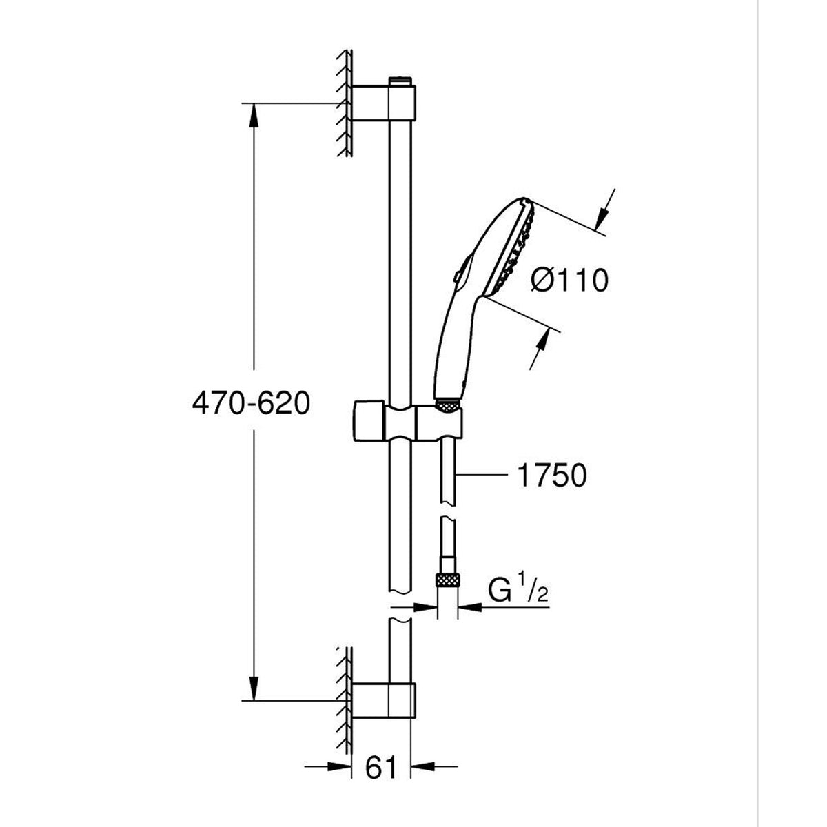 Grohe Tempesta 110 Sürgülü Duş Seti, 3 Fonksiyonlu - Teknik Çizim