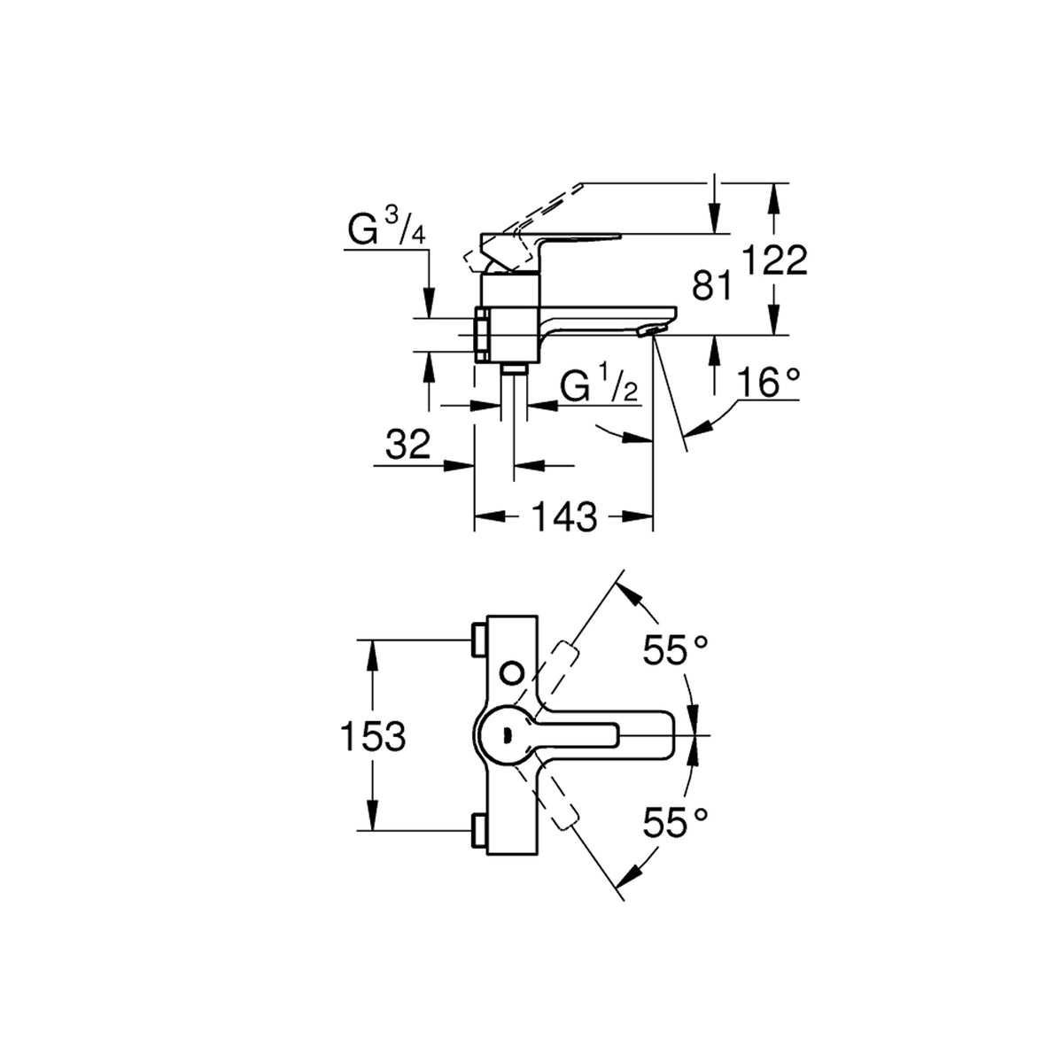 Grohe Lineare Banyo Bataryası - Teknik Çizim