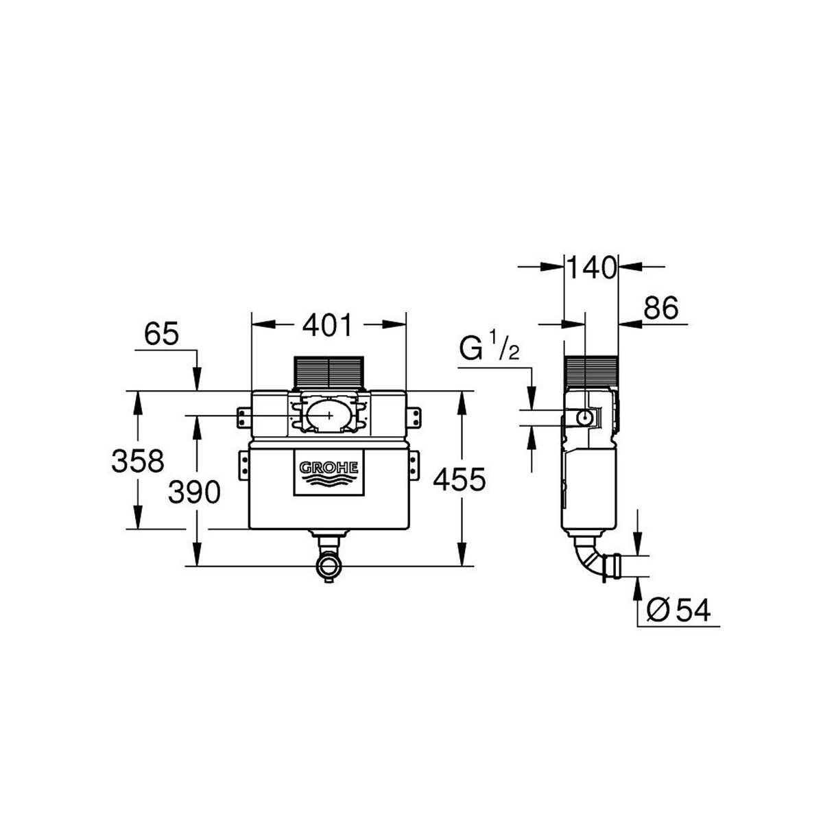 Grohe Gömme Rezervuar 8 cm, 3/6 Litre - Teknik Çizim