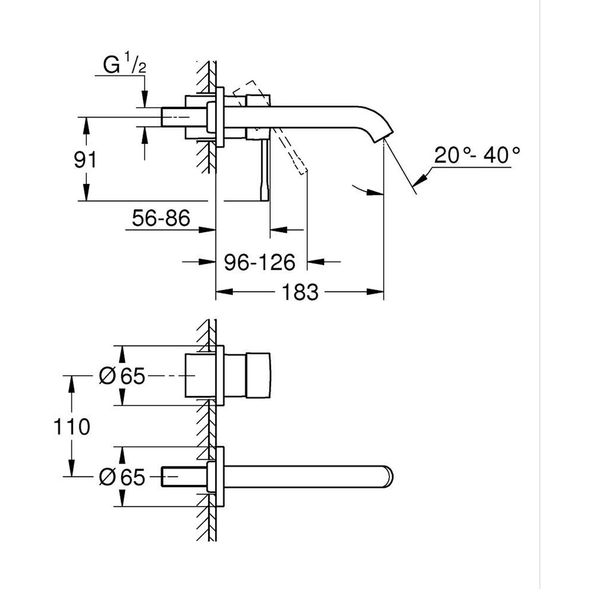 Grohe Essence New Duvardan Ankastre Lavabo Bataryası (Sıva Üstü Grubu) - Teknik Çizim