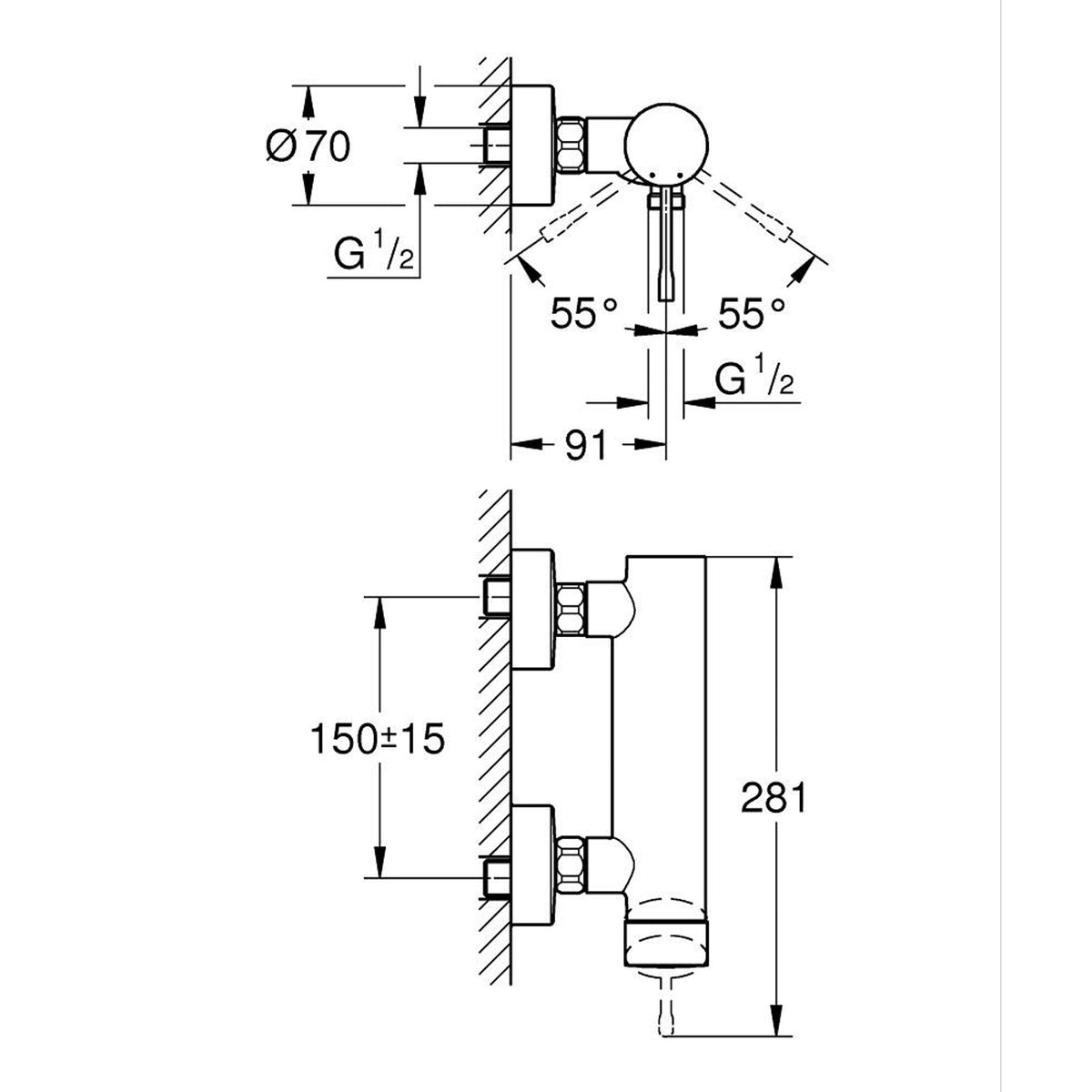 Grohe Essence New Duş Bataryası, Bakır - Teknik Çizim